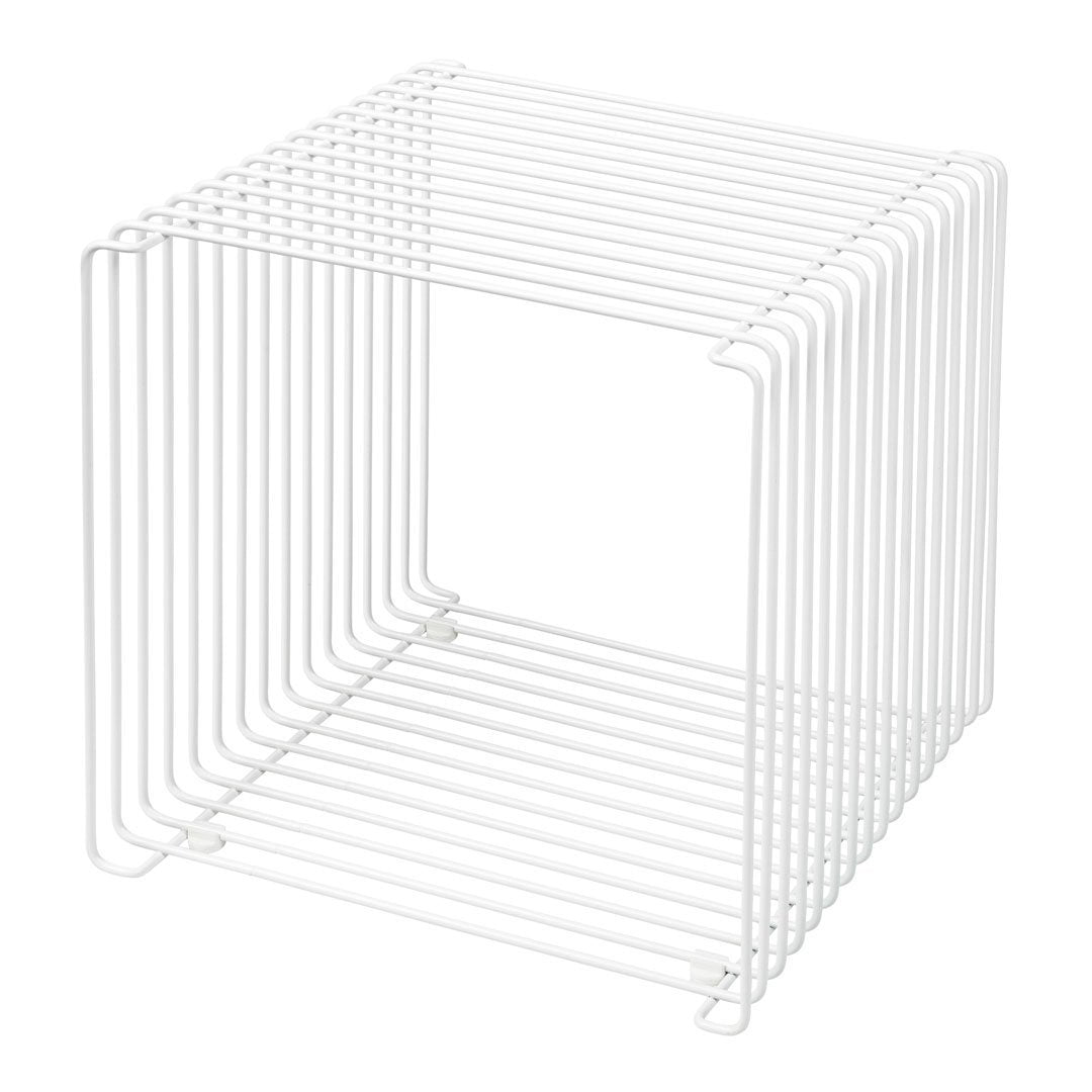 White wire storage cube with a minimalist design and clean lines, ideal for modern decor and organization.