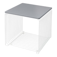 Gray square tabletop on a white wire frame, featuring sleek modern lines and an open design.