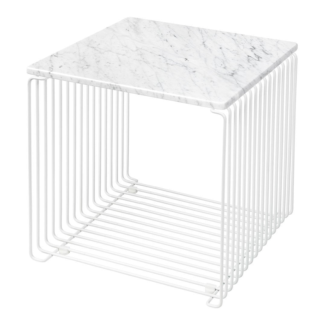 White wire base with a sleek white marble top featuring subtle gray veining. Modern minimalist design.