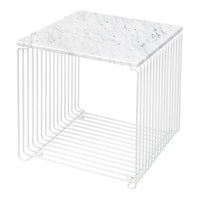 White wire base with a sleek white marble top featuring subtle gray veining. Modern minimalist design.