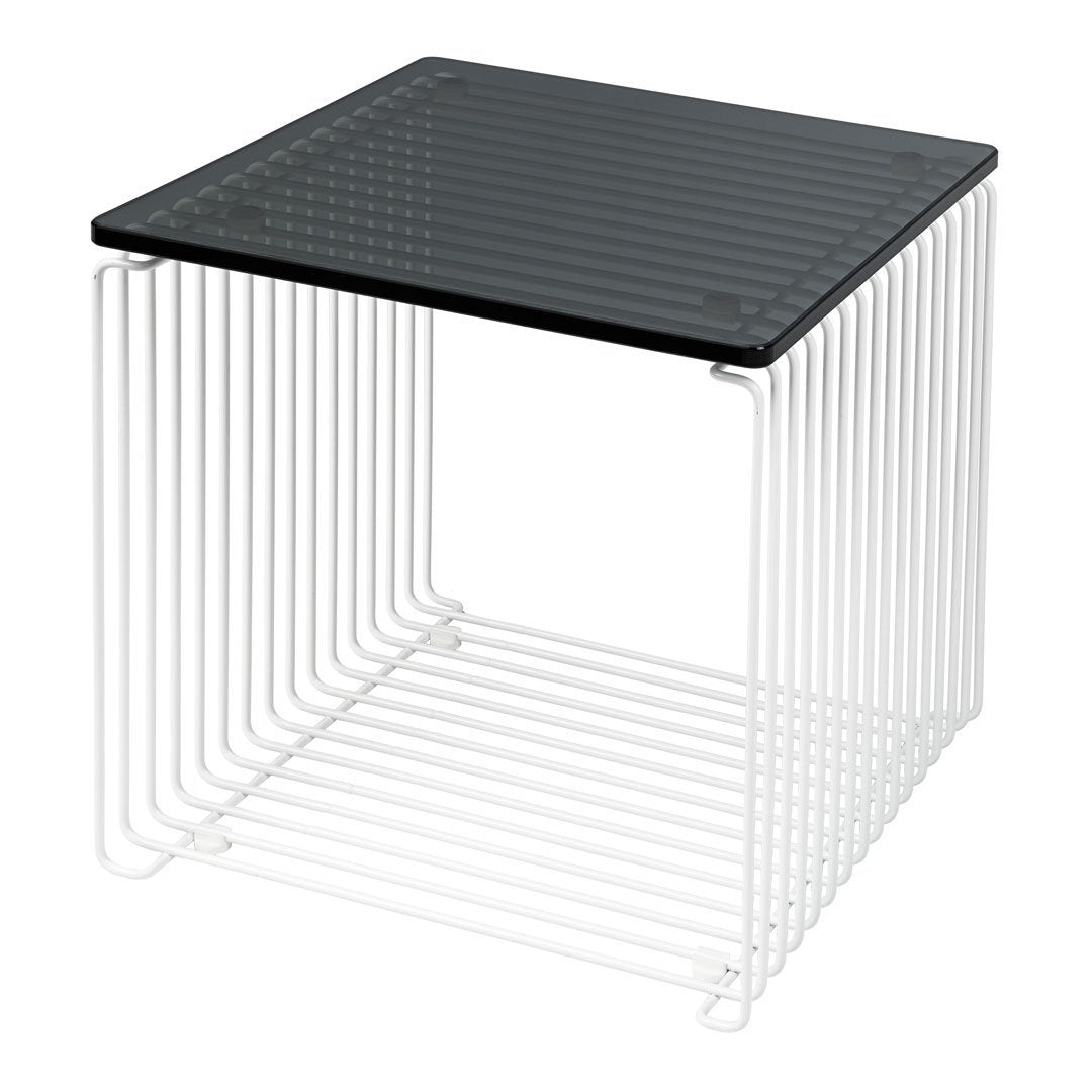 Modern cube side table with a sleek black glass top and white wireframe design, perfect for contemporary decor.