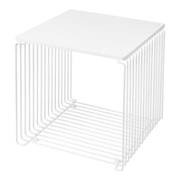 White wireframe cube side table with a sleek, minimalist design and open slat pattern. Perfect for modern decor.