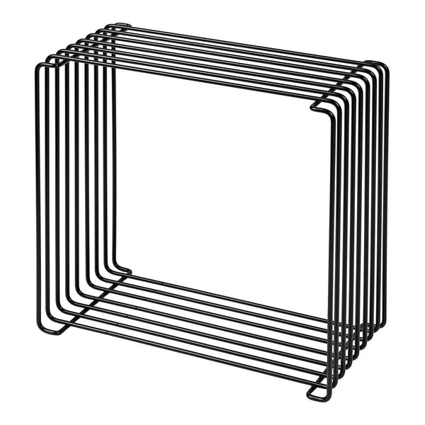 Black wire storage cube with sleek, modern design featuring clean lines and geometric patterns for versatile organization.
