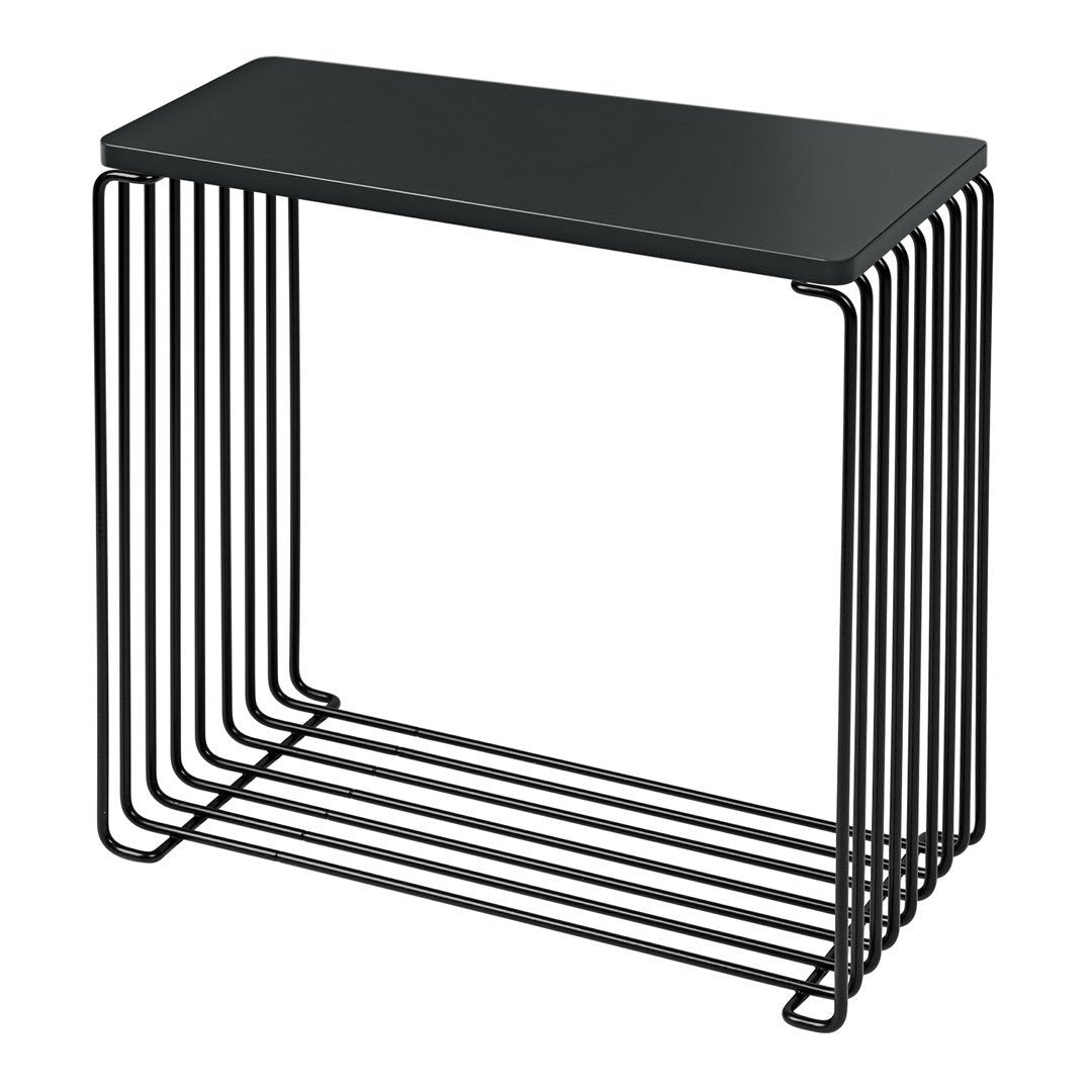 Sleek black metal side table with minimalist design and smooth matte finish. Perfect for modern decor.