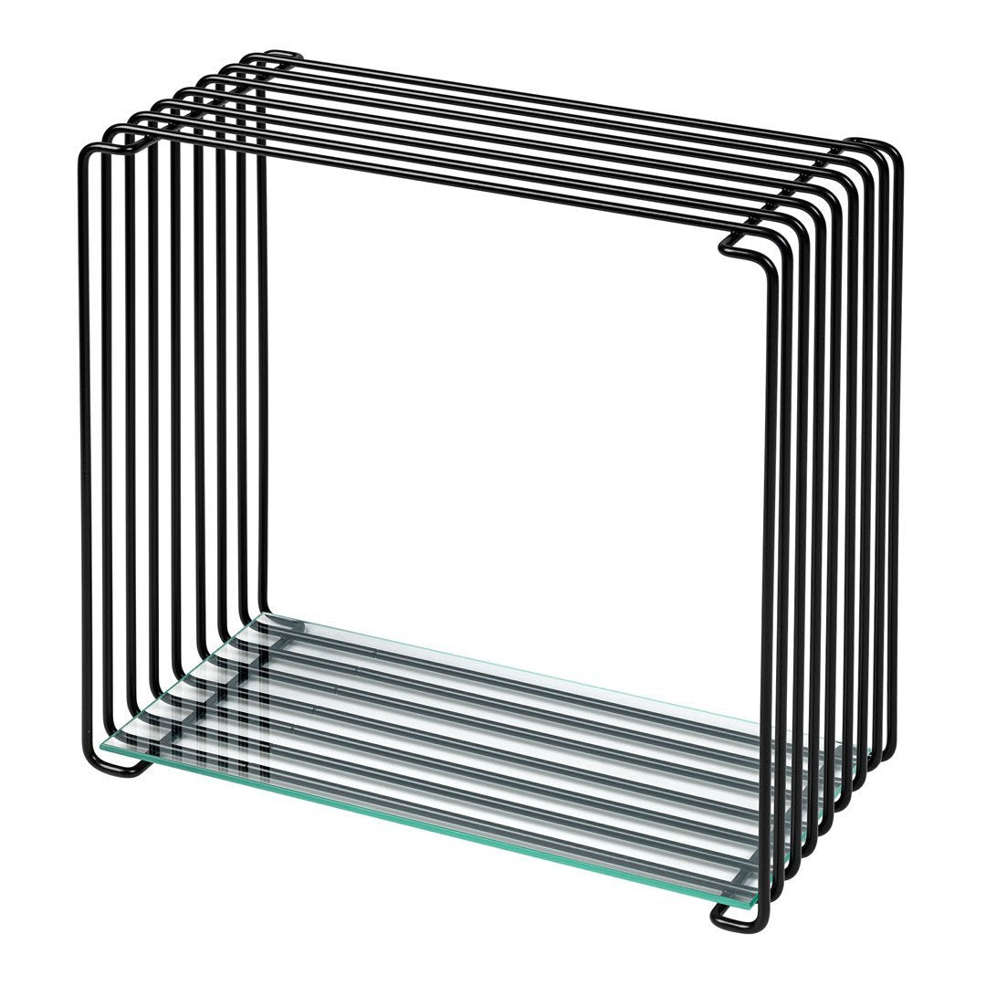 Black metal wire frame with sleek, minimalist design and transparent glass base. Modern, geometric pattern.