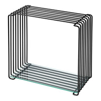 Black metal wire frame with sleek, minimalist design and transparent glass base. Modern, geometric pattern.