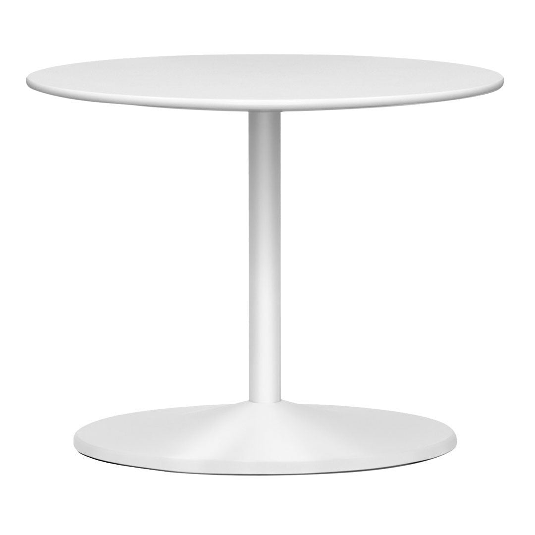 Round white dining table with a smooth surface and a sleek, minimalistic design. Perfect for modern interiors.