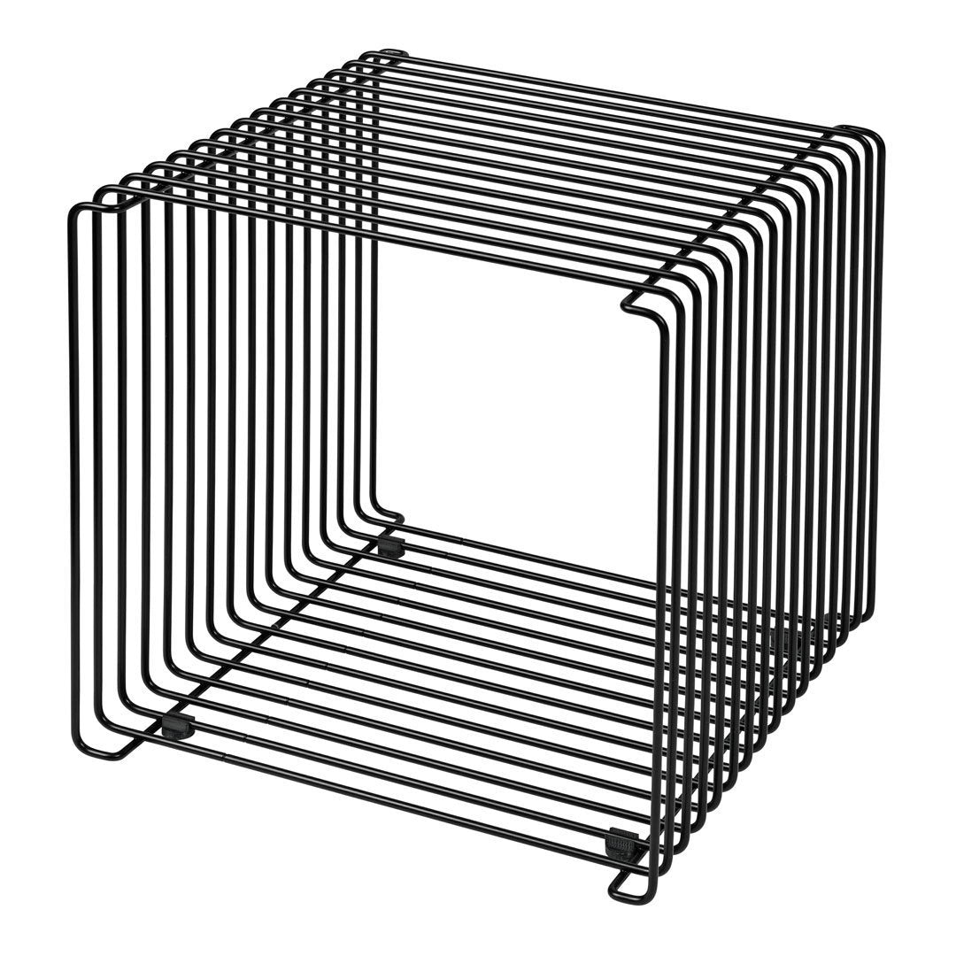 Black wire cube storage organizer with sleek horizontal lines and open design. Ideal for modern decor.
