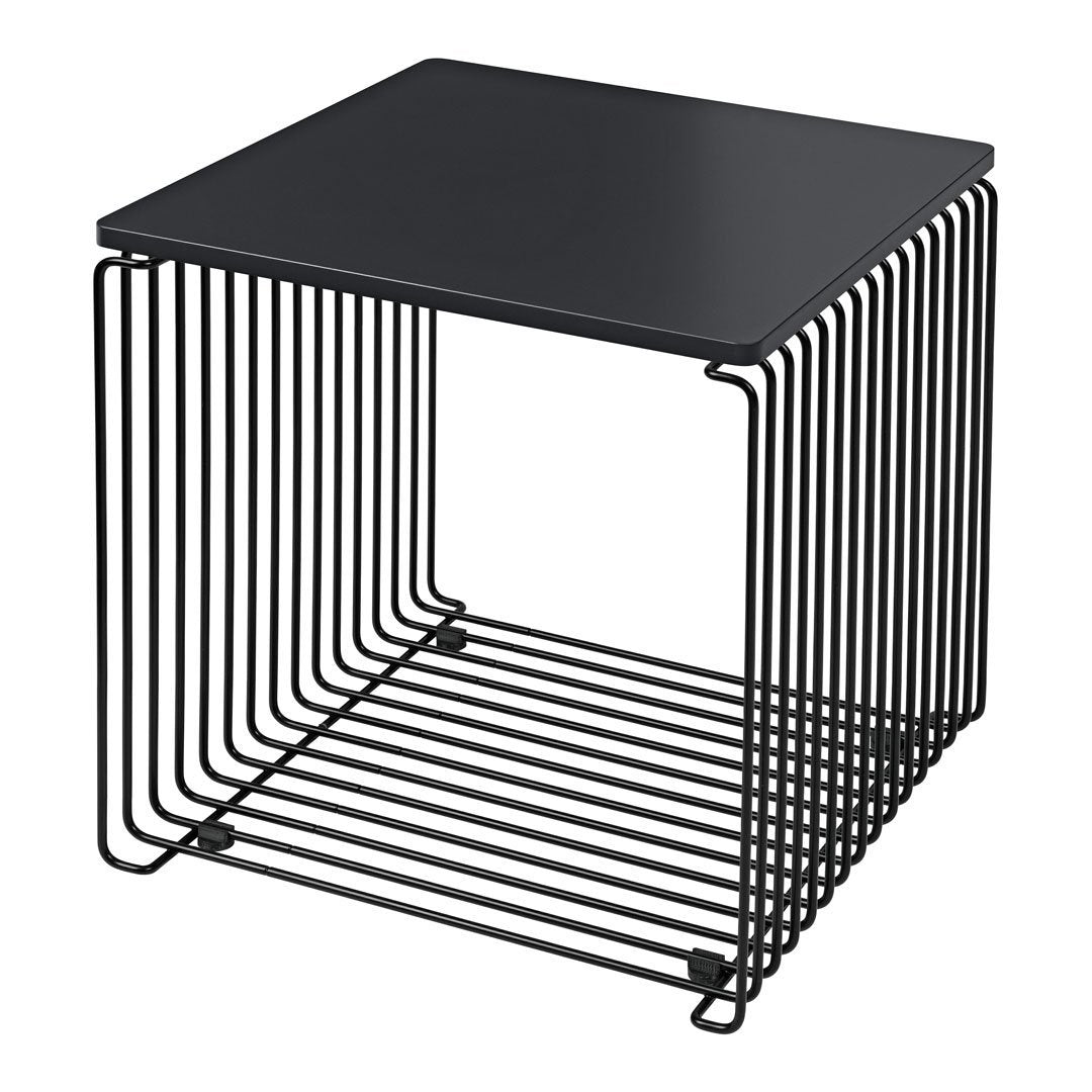 Black metal side table with sleek lines and modern square top design, featuring a minimalistic open wire pattern.