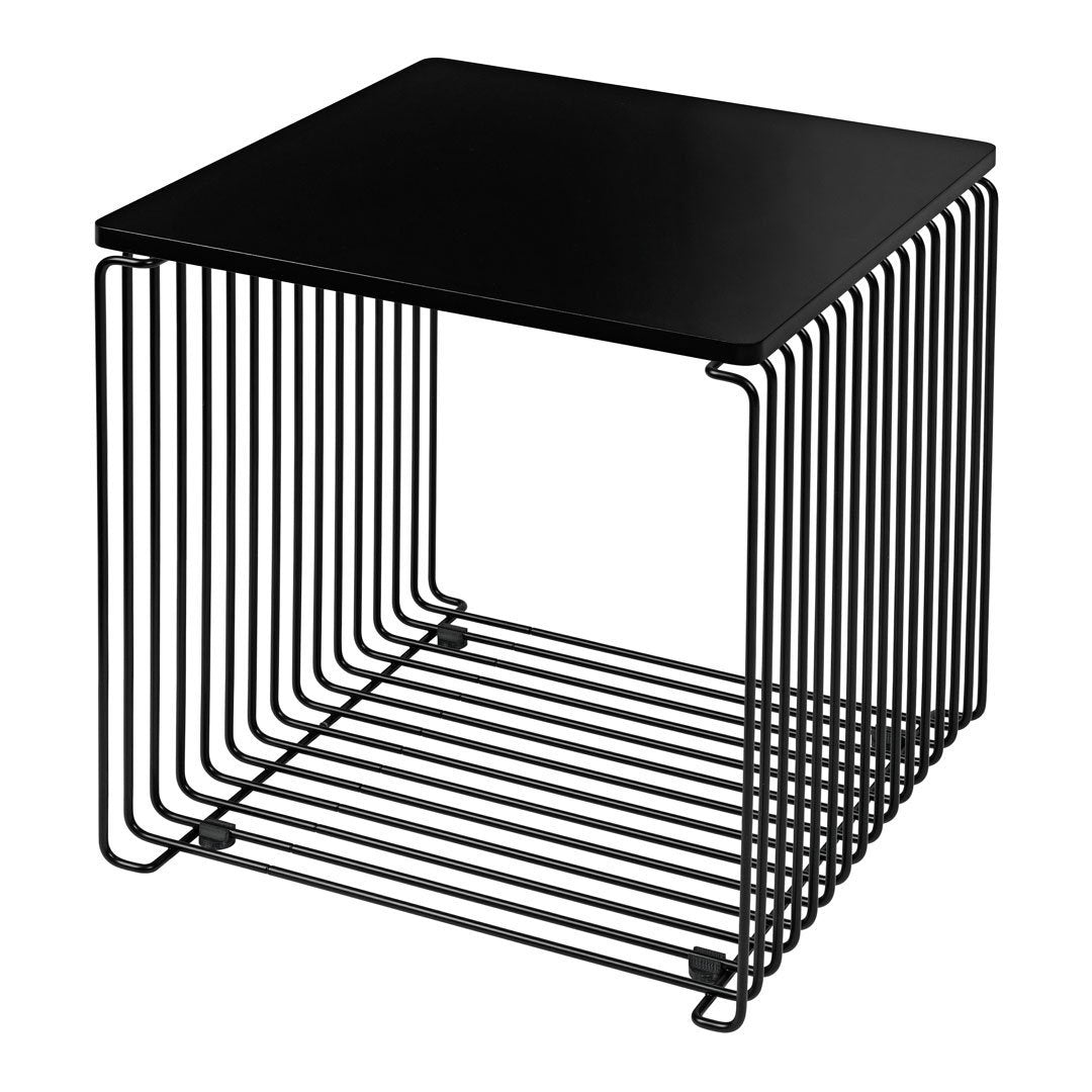 Modern black wire side table with a sleek square top and open geometric pattern. Ideal for minimalist decor.