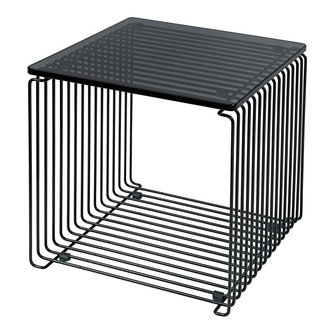 Black wire side table with a sleek, geometric design featuring a transparent glass top. Perfect for modern decor.