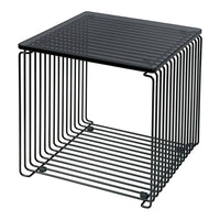 Black wire side table with a sleek, geometric design featuring a transparent glass top. Perfect for modern decor.