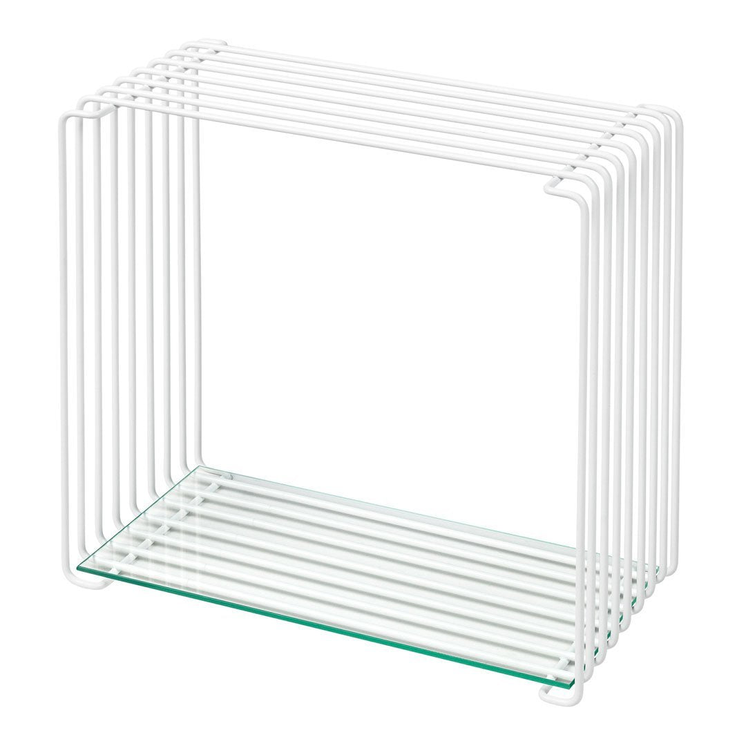 White wire frame with glass base, featuring clean lines and a modern minimalist design. Perfect for any decor.