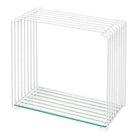 White wire frame with glass base, featuring clean lines and a modern minimalist design. Perfect for any decor.