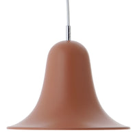 Terracotta bell-shaped pendant lamp with a smooth finish and chrome accents, perfect for modern decor.