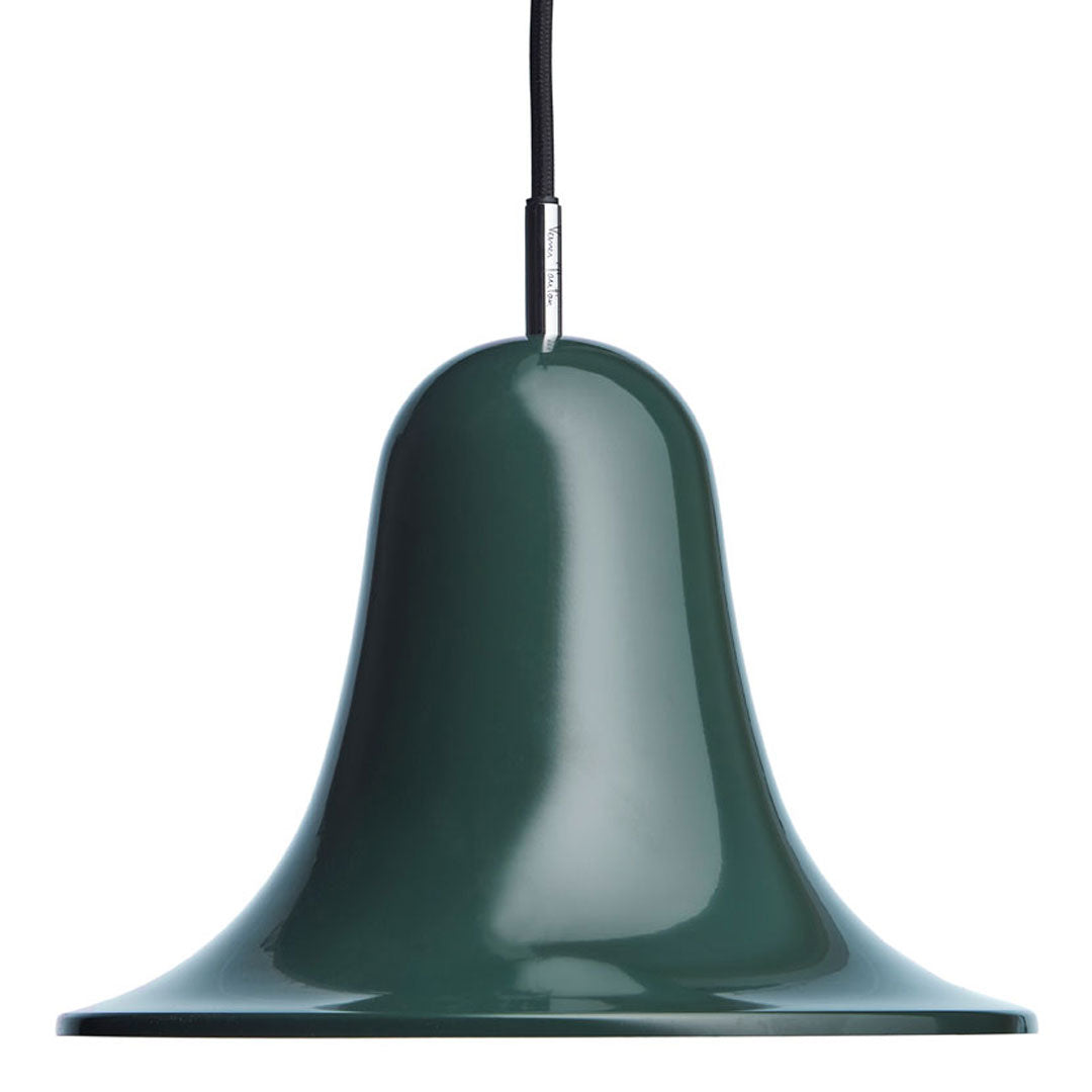 Green bell-shaped pendant lamp with a glossy finish and smooth contours, suspended by a sleek black cord.
