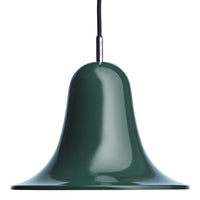 Green bell-shaped pendant lamp with a glossy finish and smooth contours, suspended by a sleek black cord.