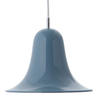 Blue bell-shaped pendant light with a glossy finish and sleek silver detailing. Perfect for modern decor.