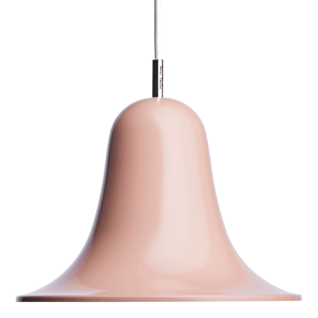Glossy bell-shaped pendant light in soft peach hue with sleek chrome fixture. Perfect for modern décor.
