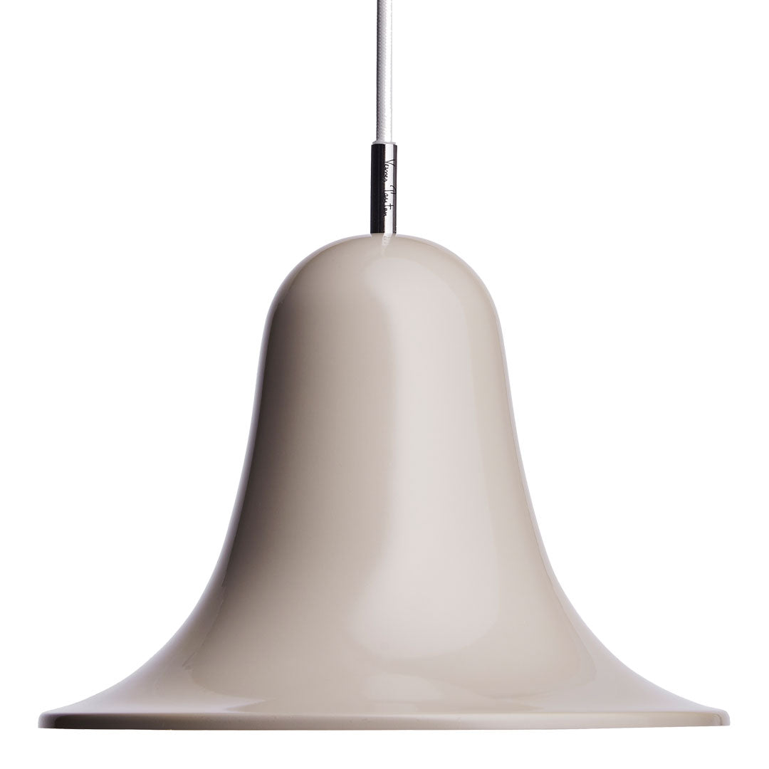 Beige bell-shaped pendant light with a smooth finish and sleek chrome detail, ideal for modern decor.