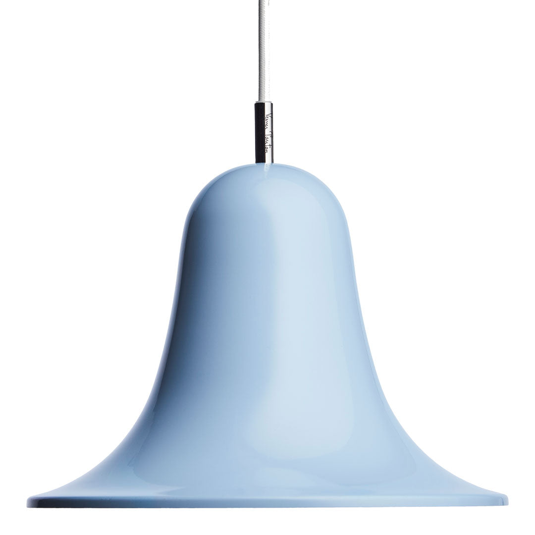 Soft blue bell-shaped pendant light with a smooth, glossy finish and a sleek metal accent. Perfect for modern decor.