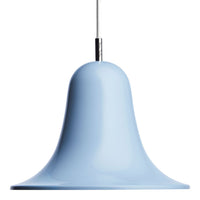 Soft blue bell-shaped pendant light with a smooth, glossy finish and a sleek metal accent. Perfect for modern decor.