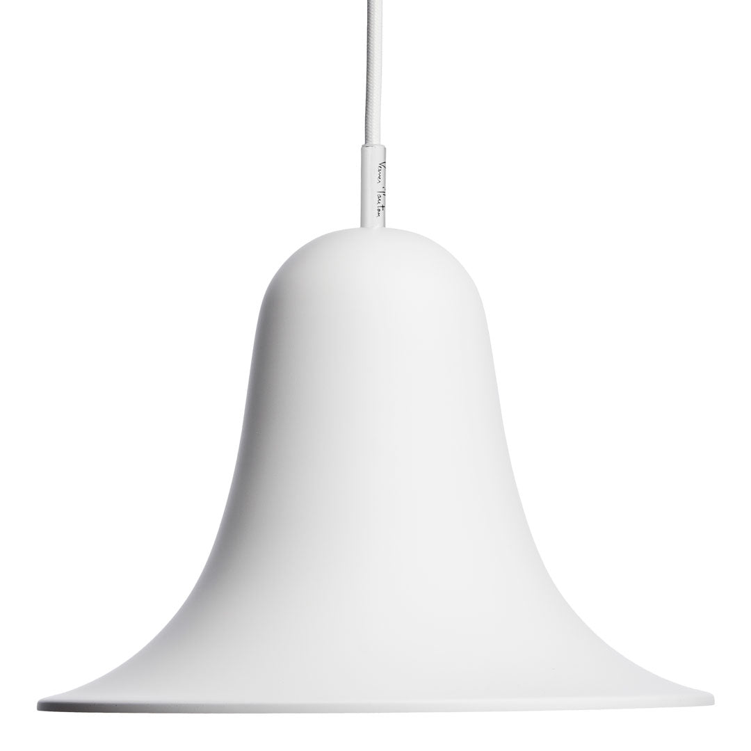 White bell-shaped pendant lamp with a smooth, matte finish and minimalist design. Perfect for modern decor.