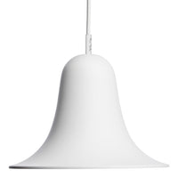 White bell-shaped pendant lamp with a smooth, matte finish and minimalist design. Perfect for modern decor.