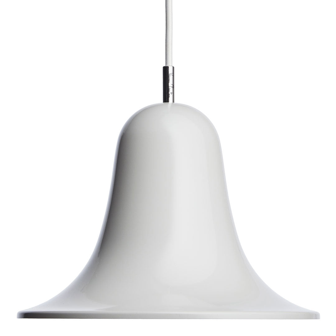 White bell-shaped pendant light with a smooth, glossy finish and minimalist design. Perfect for modern decor.