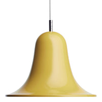 Bright yellow bell-shaped pendant light with a smooth, glossy finish, featuring a modern design.