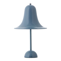 Blue bell-shaped table lamp with a smooth, glossy finish and minimalist design. Perfect for modern decor.