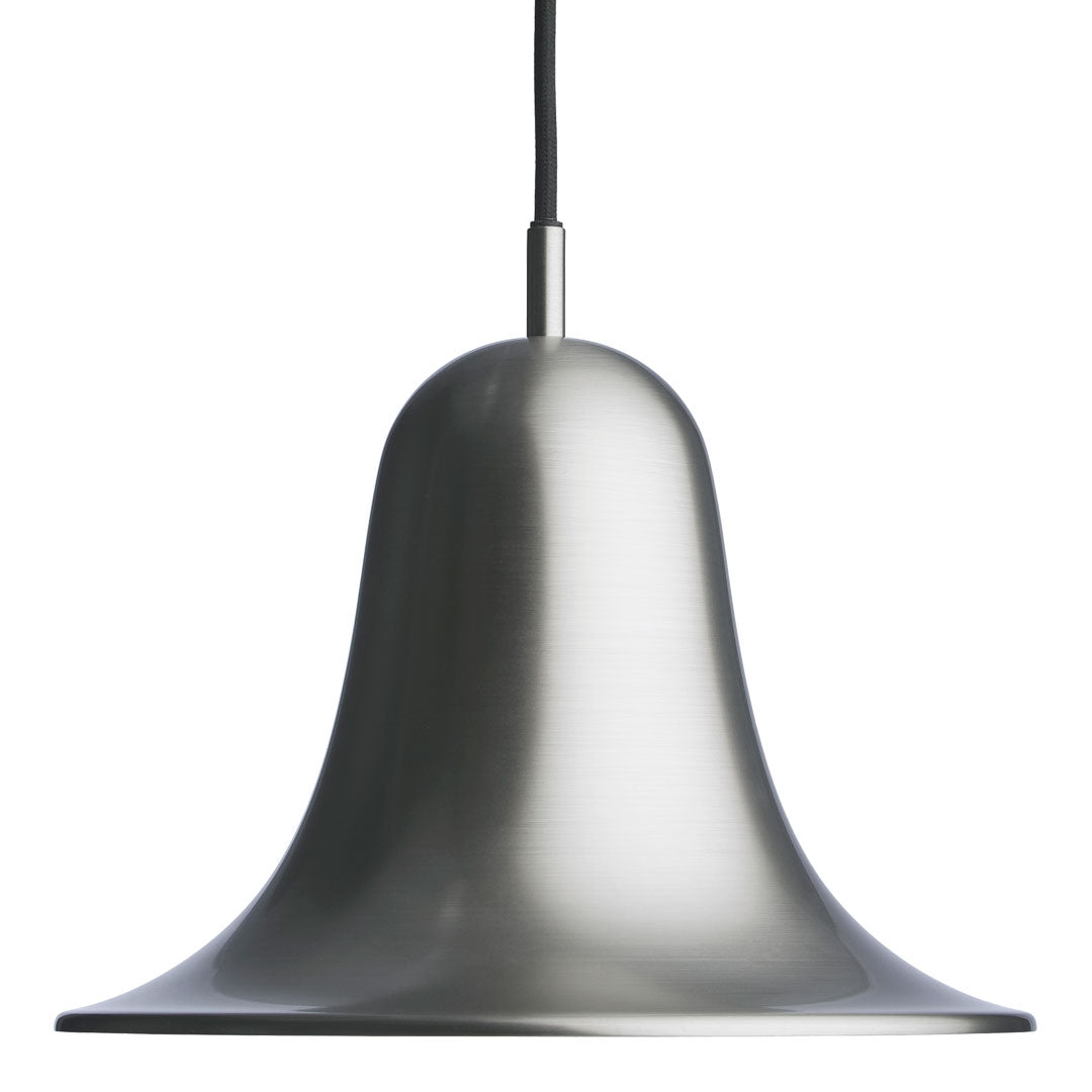 Silver bell-shaped pendant light with a smooth, metallic finish and sleek, minimalist design.