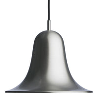 Silver bell-shaped pendant light with a smooth, metallic finish and sleek, minimalist design.