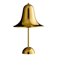 Sleek gold bell-shaped lamp with a shiny finish and a minimalist design, perfect for modern decor.