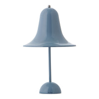 Blue bell-shaped lamp with a smooth glossy finish and a matching round base. Perfect modern accent piece.