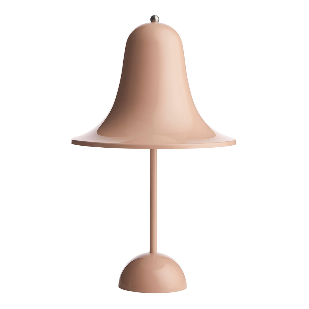 Pink bell-shaped table lamp on a slender stand with a smooth matte finish, adding a modern touch to any decor.
