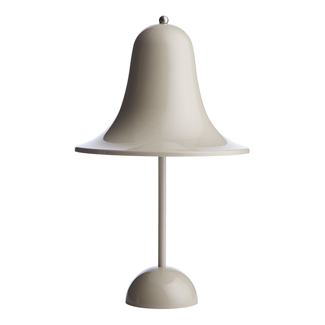 Light gray bell-shaped lamp on a slim pole, featuring a smooth, minimalist design and soft curves.