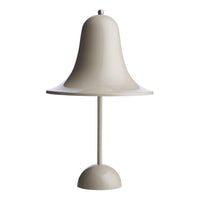 Light gray bell-shaped lamp on a slim pole, featuring a smooth, minimalist design and soft curves.