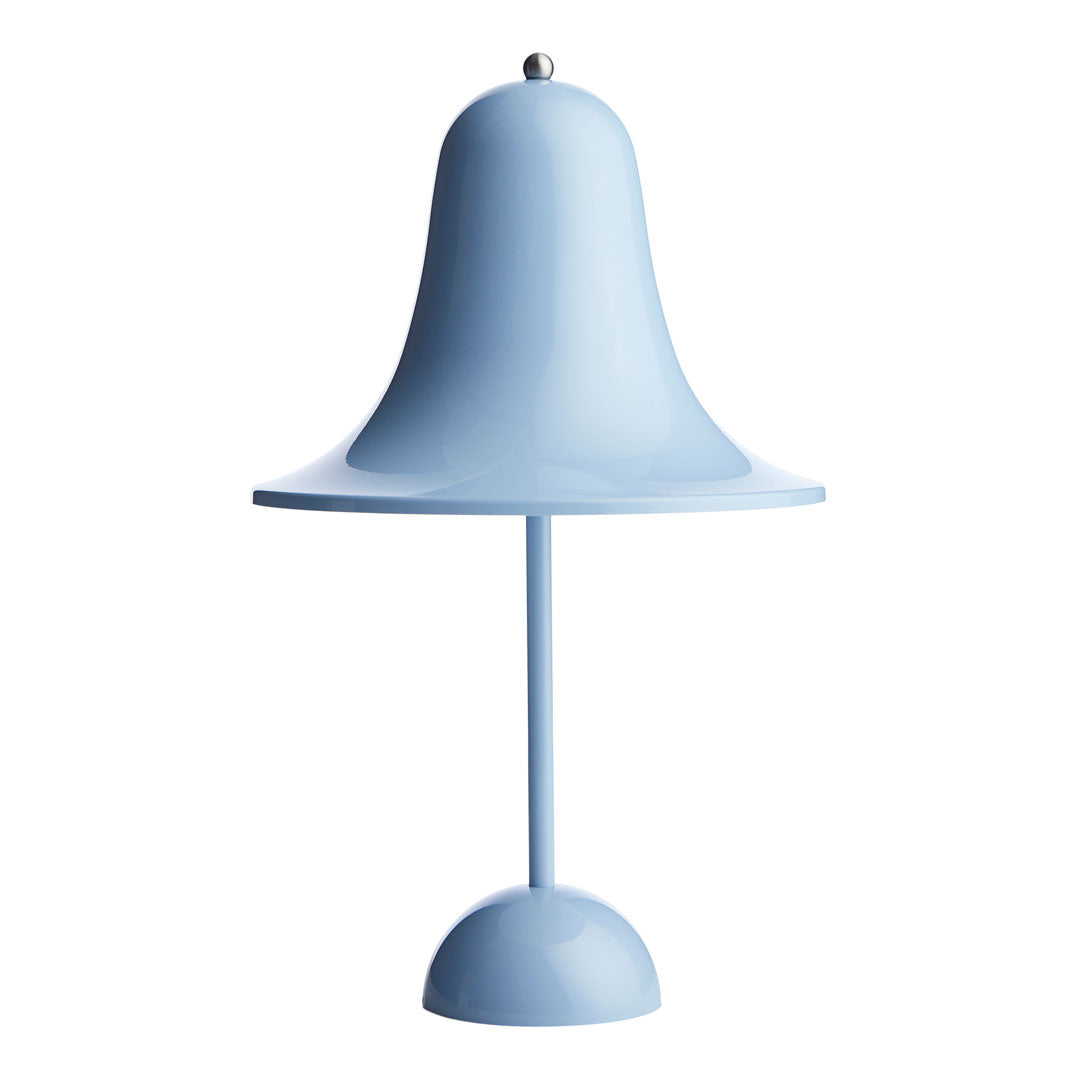 Soft blue bell-shaped lamp with a smooth finish and sleek circular base. Perfect for modern decor.