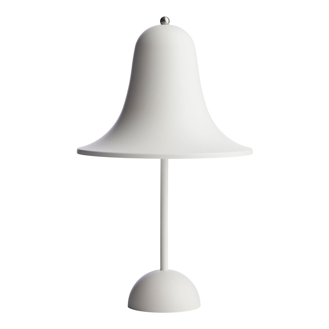 White bell-shaped lamp with a smooth finish and a round base, perfect for modern decor. Minimalist design accents any space.