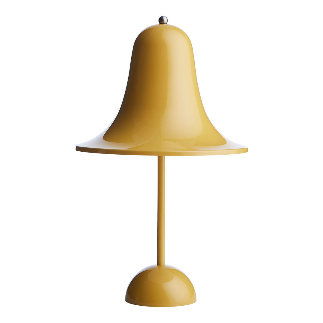 Yellow bell-shaped lamp with a sleek, modern design featuring a glossy finish. Ideal for home decor.