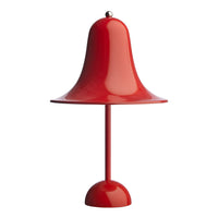 Red bell-shaped lamp with a glossy finish and a round base, perfect for adding a pop of color to any space.