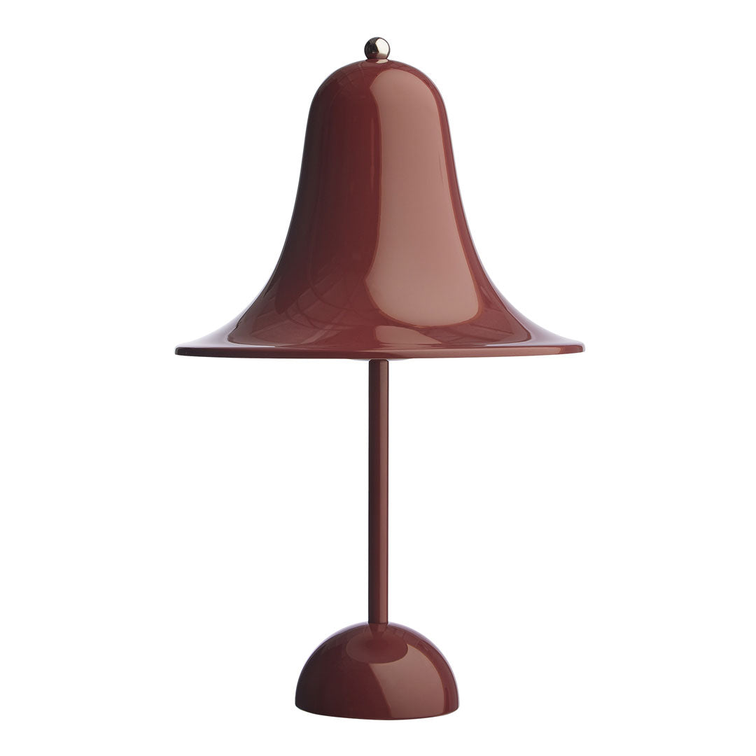 Rust-colored bell-shaped lamp with a smooth, glossy finish and a minimalist design. Perfect for modern decor.