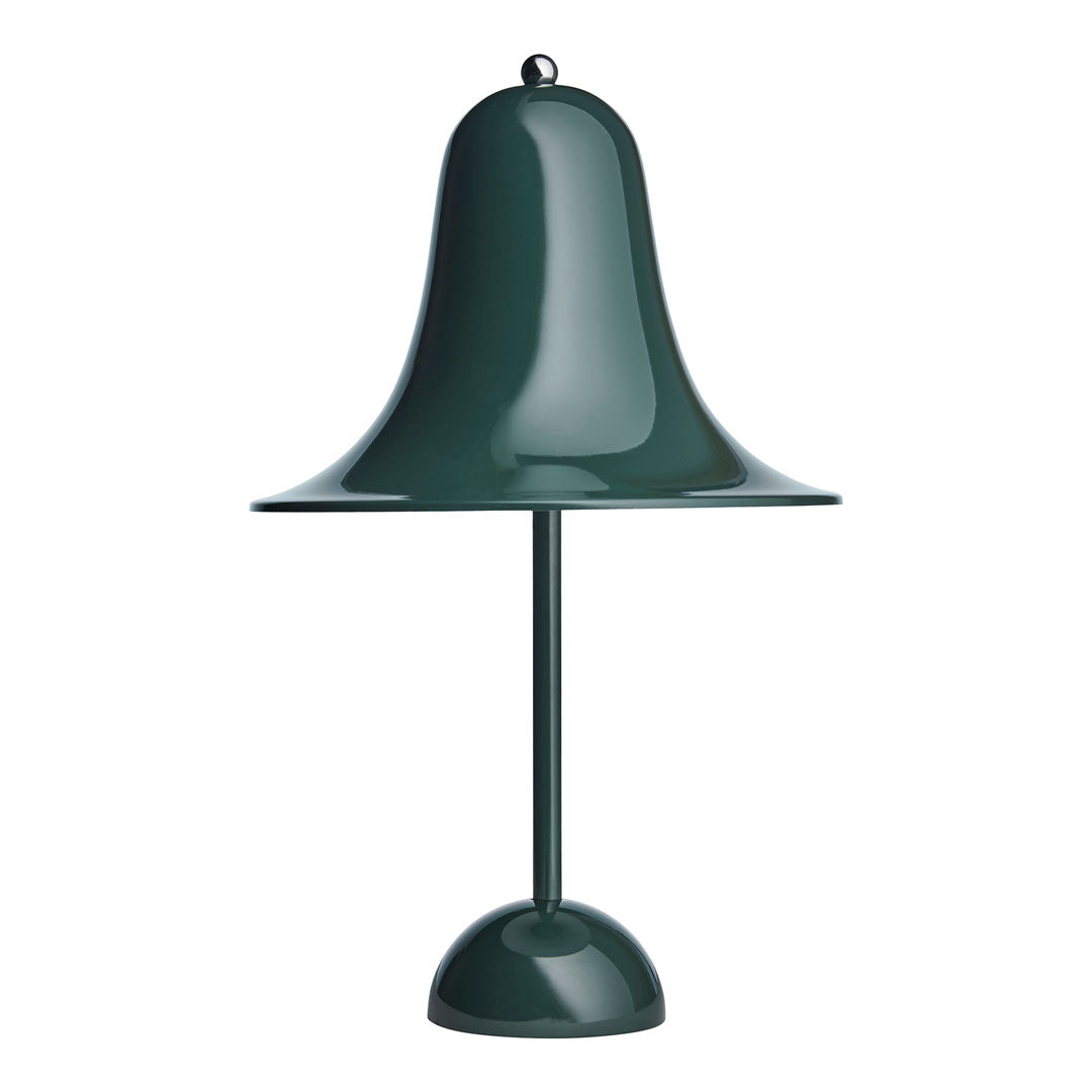 Green metal bell-shaped lamp with a smooth finish and circular base. Elegant and modern design for stylish decor.
