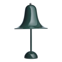 Green metal bell-shaped lamp with a smooth finish and circular base. Elegant and modern design for stylish decor.