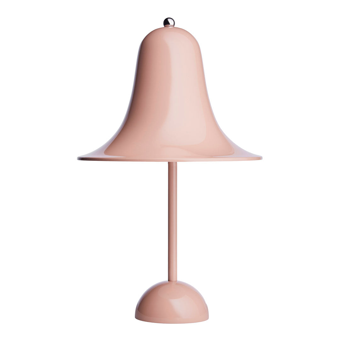 Pink bell-shaped lamp with a smooth finish and minimalist design, featuring a round base and sleek lines.