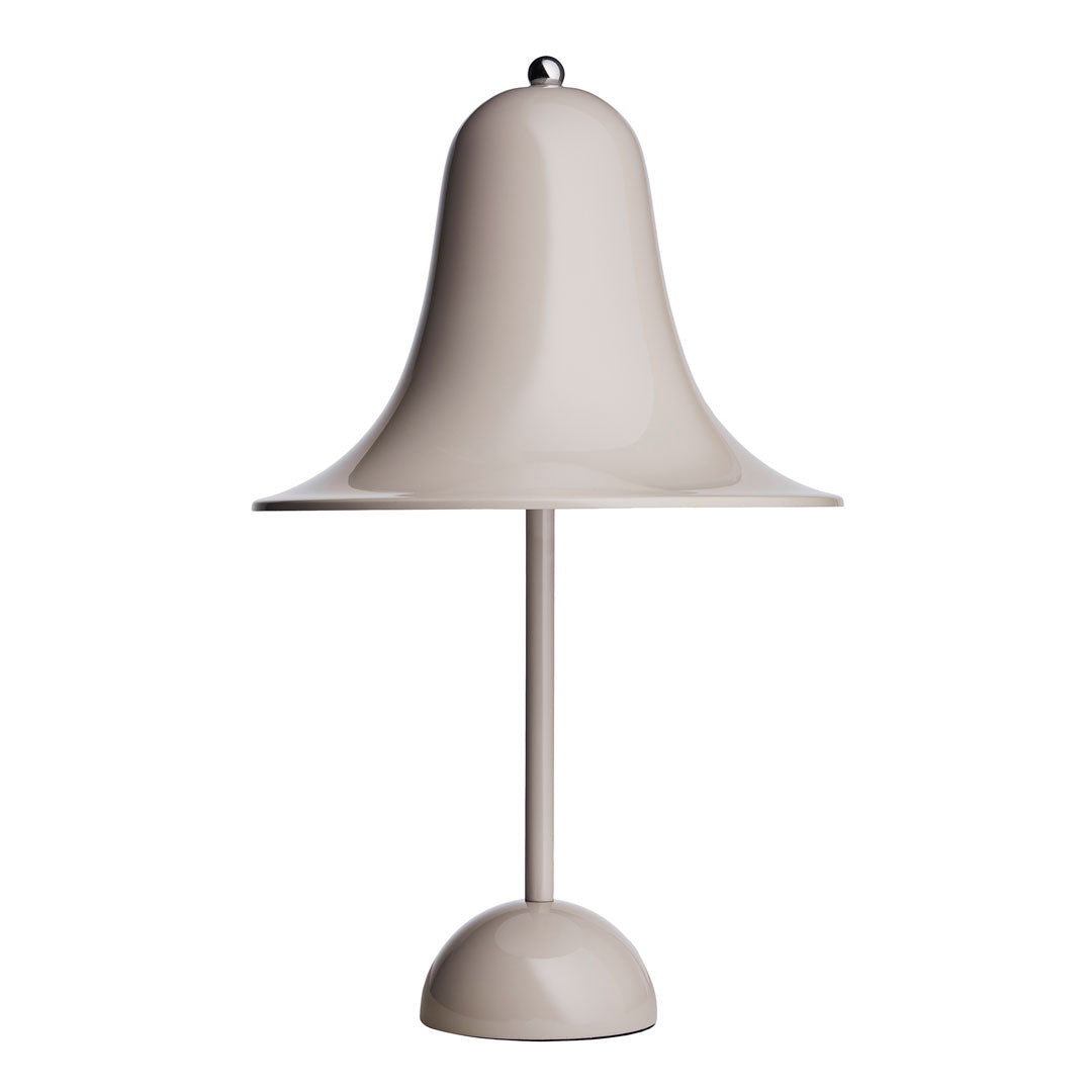 Neutral beige bell-shaped lamp with a smooth, glossy finish and a round base, perfect for modern decor.