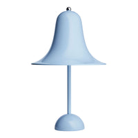 Soft blue bell-shaped lamp with a glossy finish and minimalistic design, perfect for modern decor.