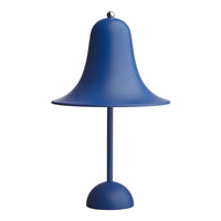 Blue matte bell-shaped lamp with smooth surfaces and a rounded base. Perfect for modern decor.