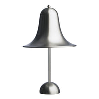 Sleek metallic silver table lamp with a bell-shaped shade and round base for a modern touch.